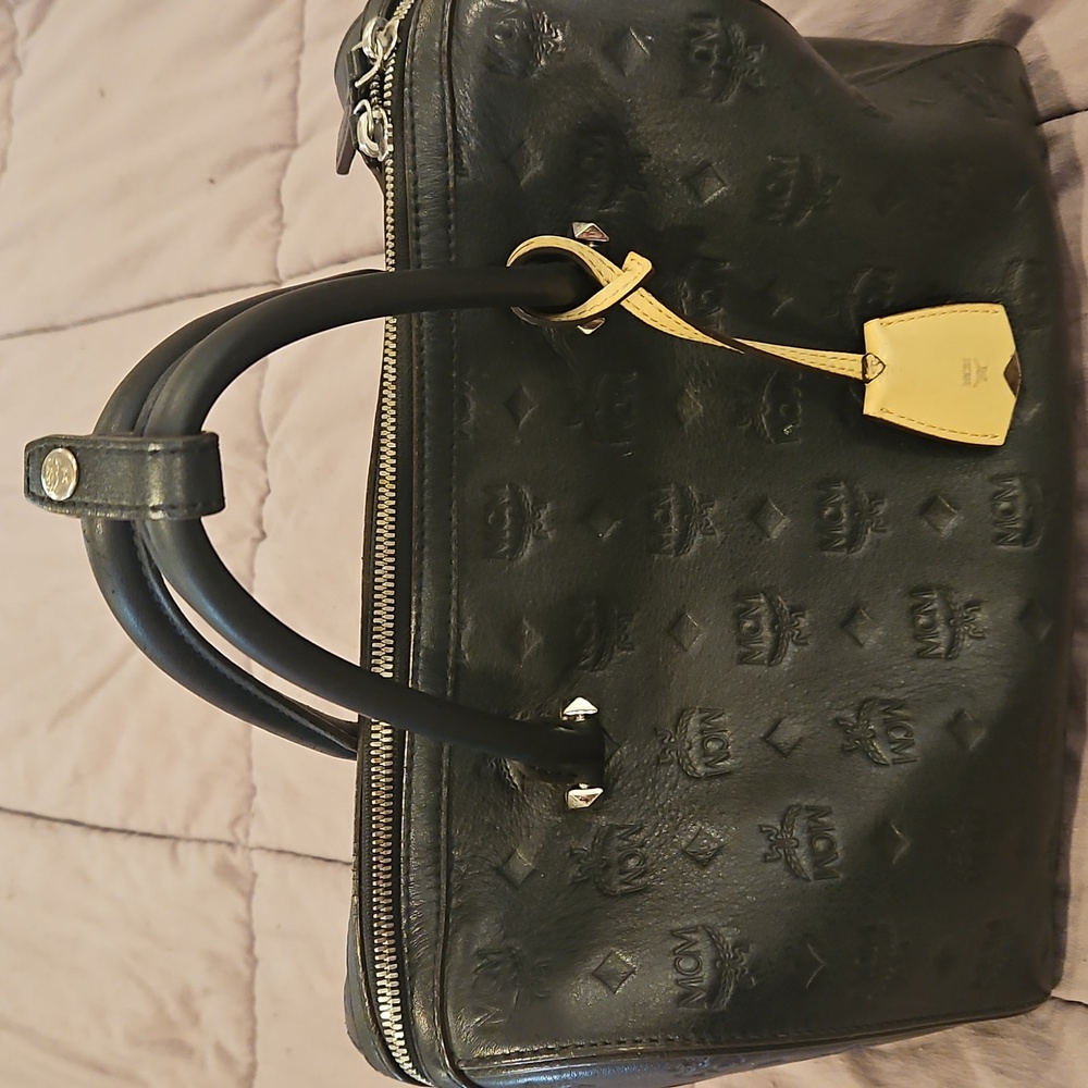 MCM Black and Tan Embossed Leather Bag